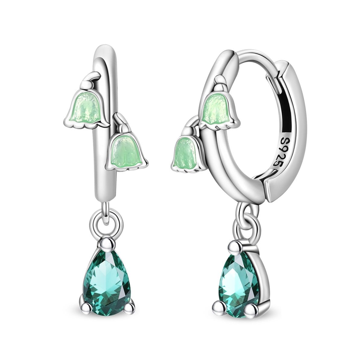 Green Bellflower & Teardrop Crystal Dangle Hoop Earrings