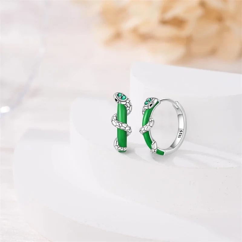 Green Enamel Snake Hoop Earrings
