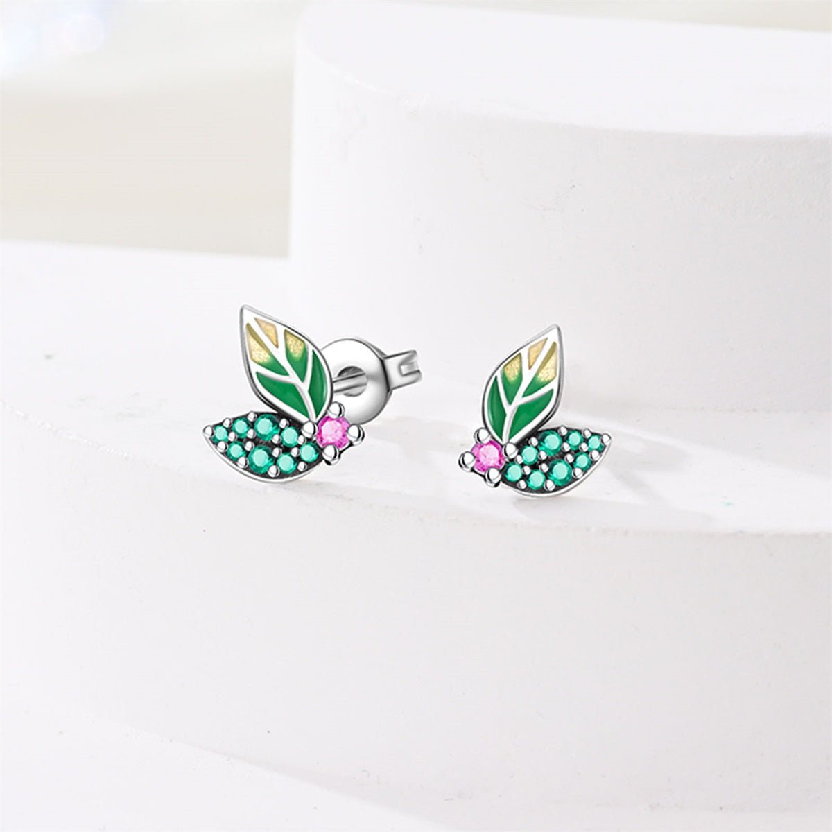 Green Leaf & Pink Flower Stud Earrings