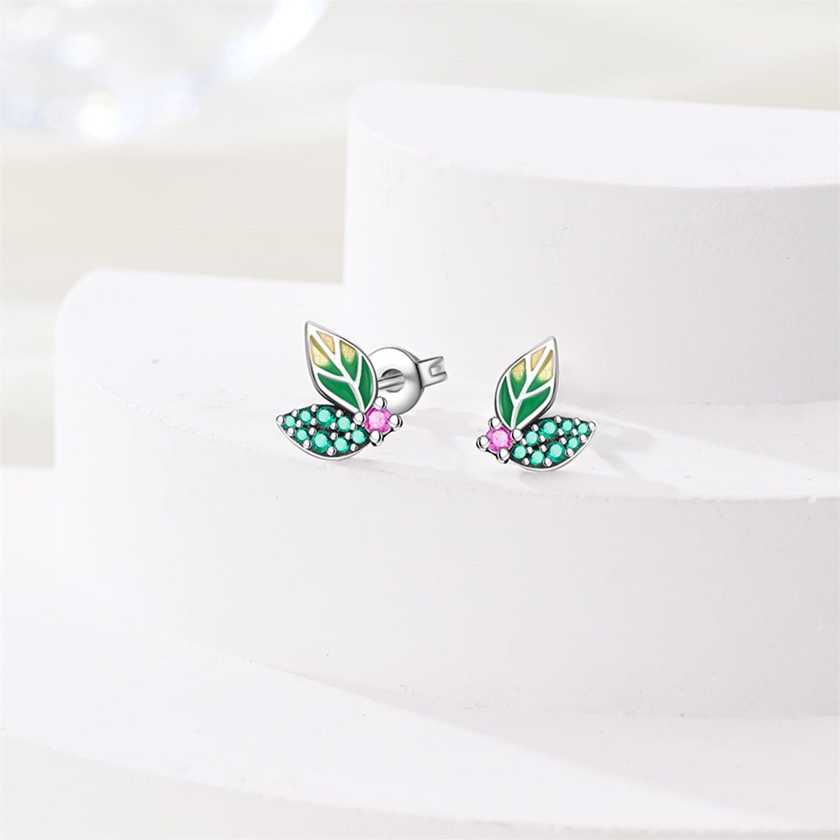 Green Leaf & Pink Flower Stud Earrings