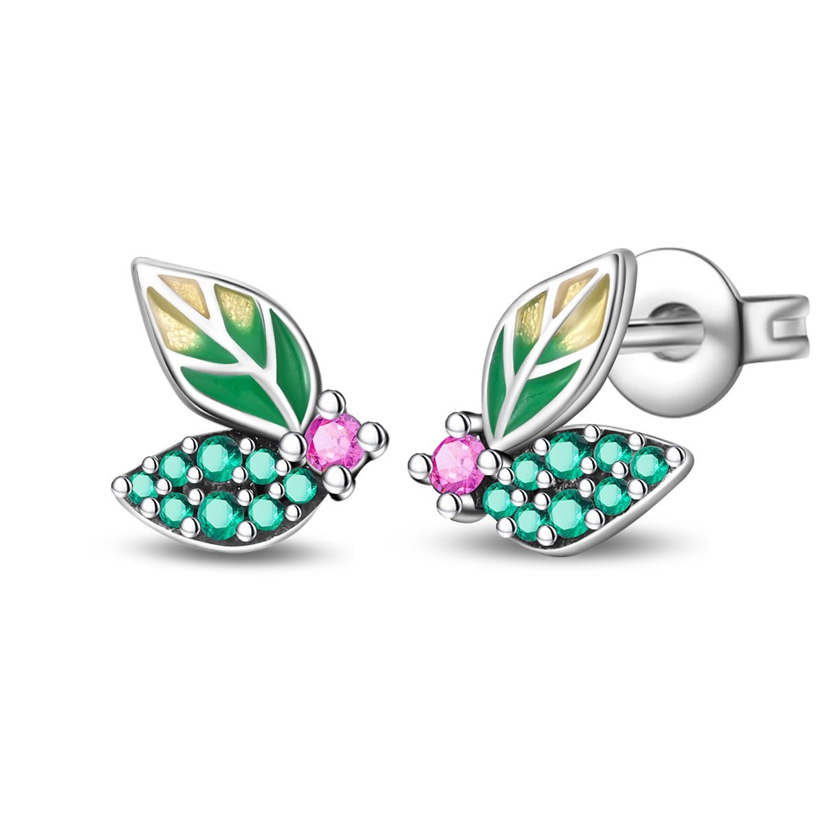Green Leaf & Pink Flower Stud Earrings