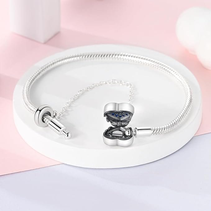 Heart Charm Bracelet with Blue Gradient Crystals and Safety Chain