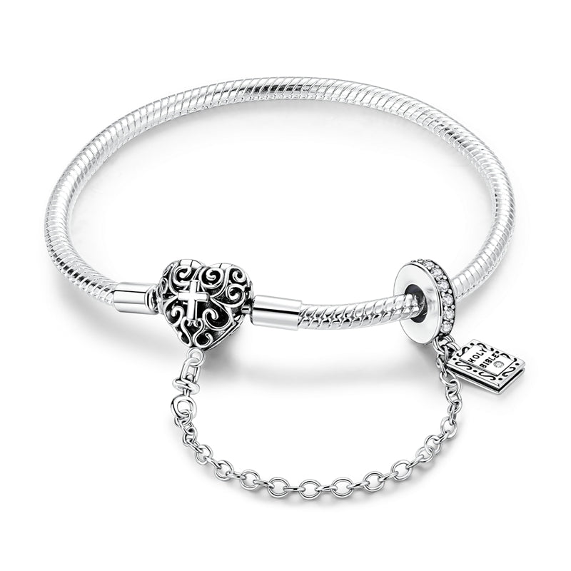 Heart & Cross Charm Bracelet with Bible Safety Chain