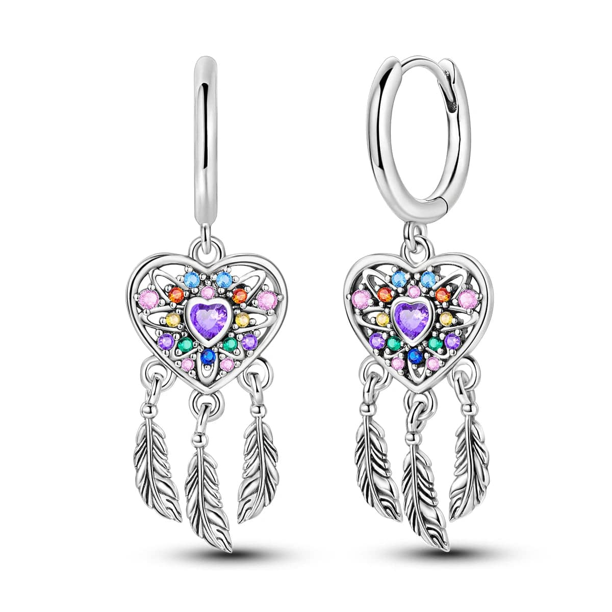 Heart Dreamcatcher Earrings with Multicolored Gemstones