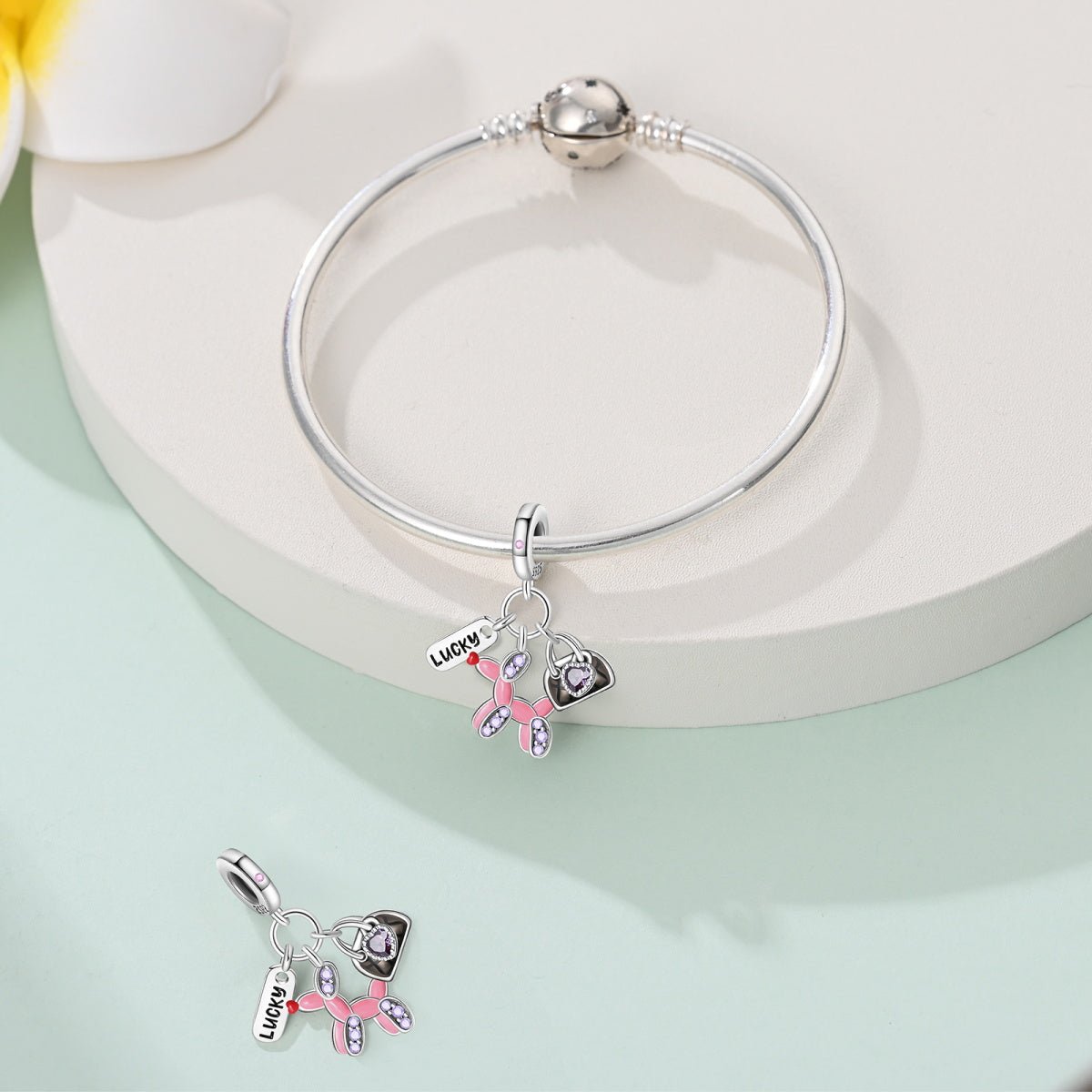 Lucky Balloon Animal, Heart Bag, & Lucky Tag Triple Dangle Charm
