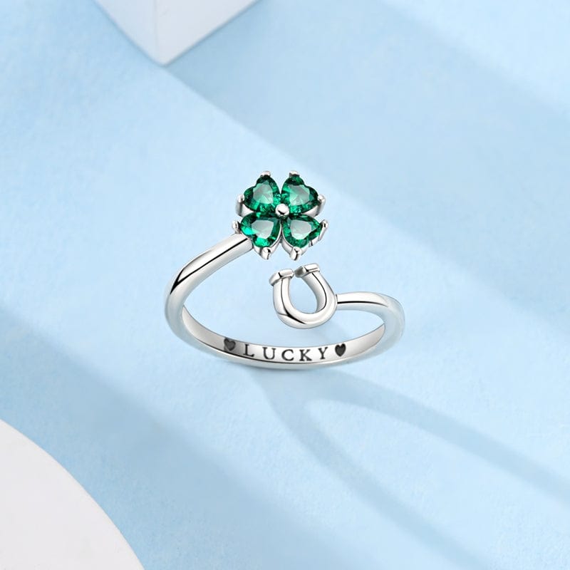 Lucky Charm Four-Leaf Clover & Horseshoe Adjustable Ring