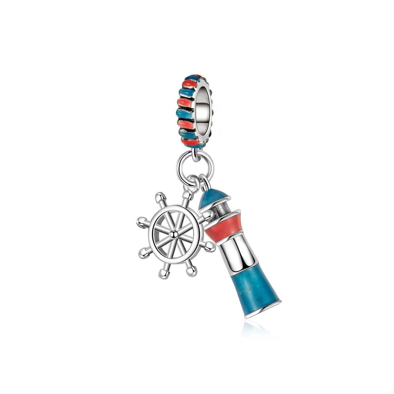Luminous Blue Lighthouse & Ship’s Wheel Dangle Charm