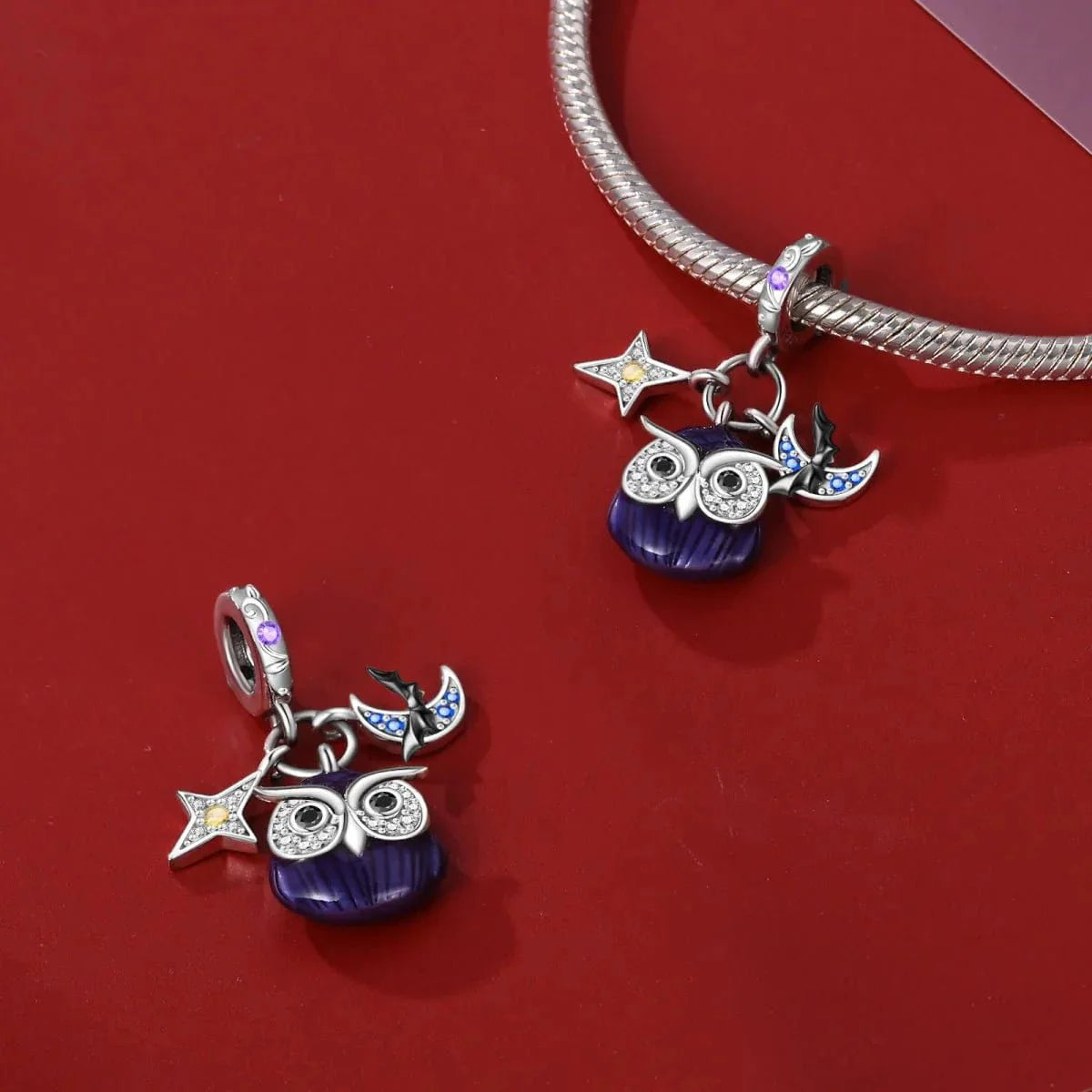 Luminous Owl Charm with Star & Bat Accents