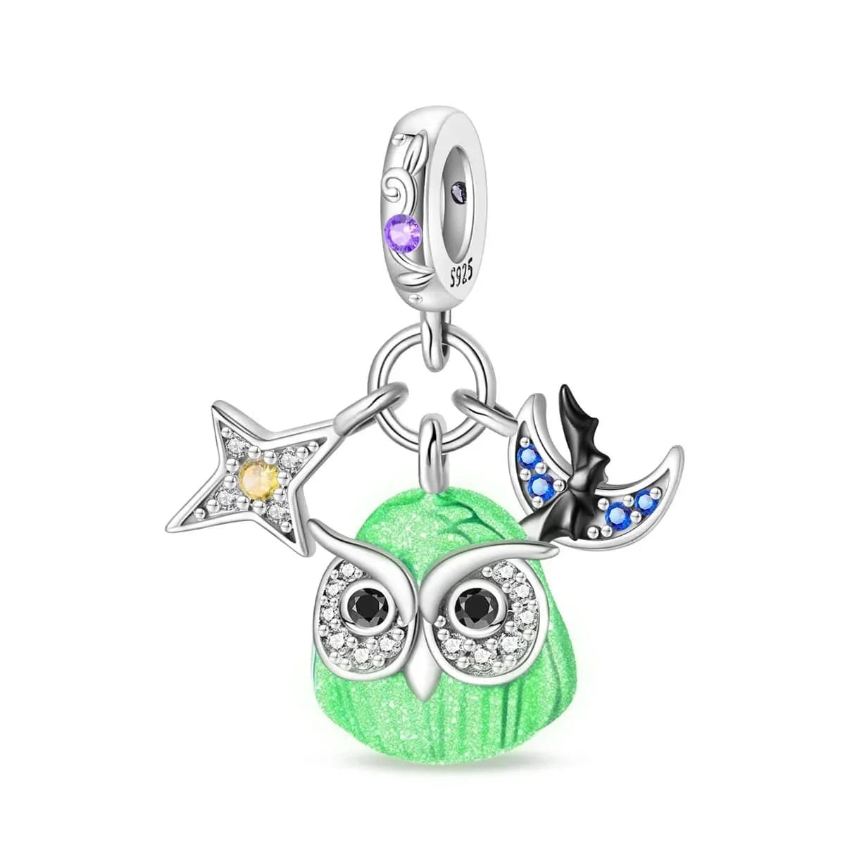 Luminous Owl Charm with Star & Bat Accents