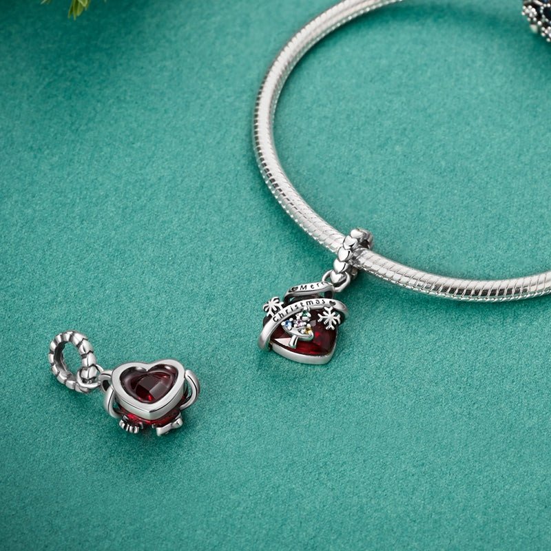 Merry Christmas Tree & Red Heart Dangle Charm