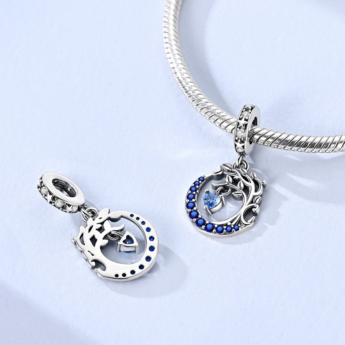 Moon & Tree of Life with Blue Heart Dangle Charm
