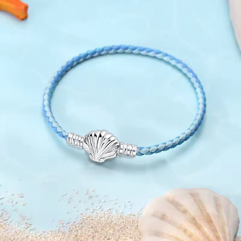 Ocean Blue Braided Leather Bracelet with Seashell Clasp