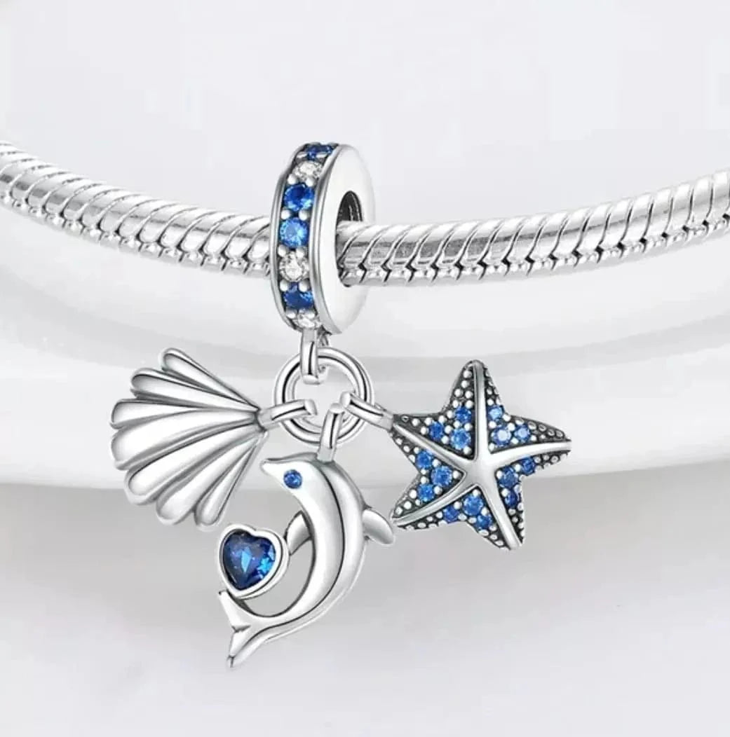 Ocean Fish Starfish and Seashell Triple Dangle Charm