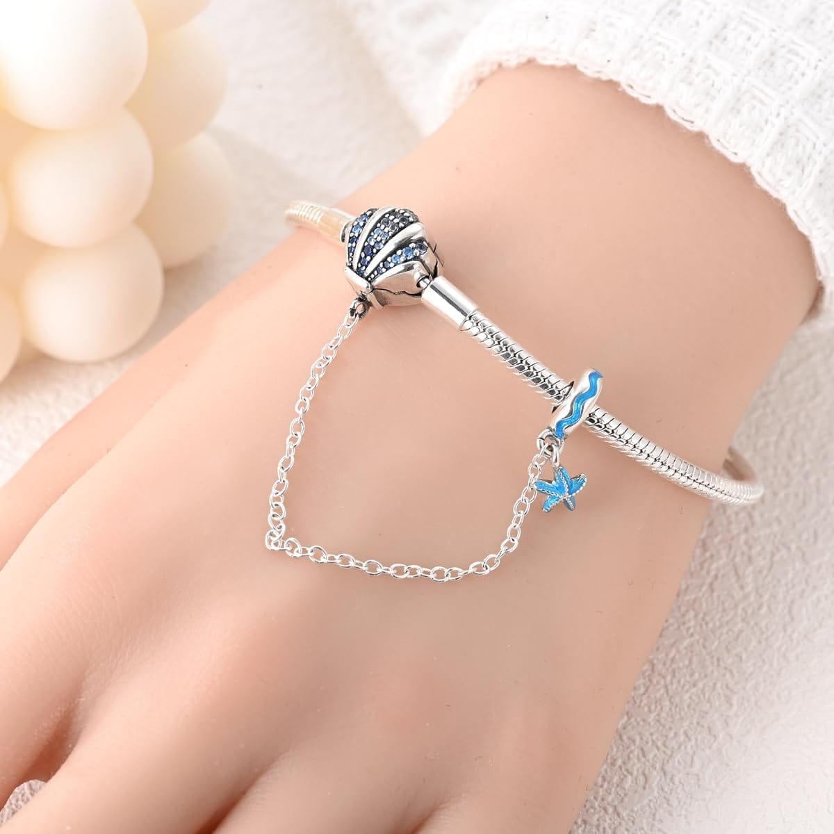Ocean-Themed Bracelet with Blue Crystal Seashell and Starfish Charms