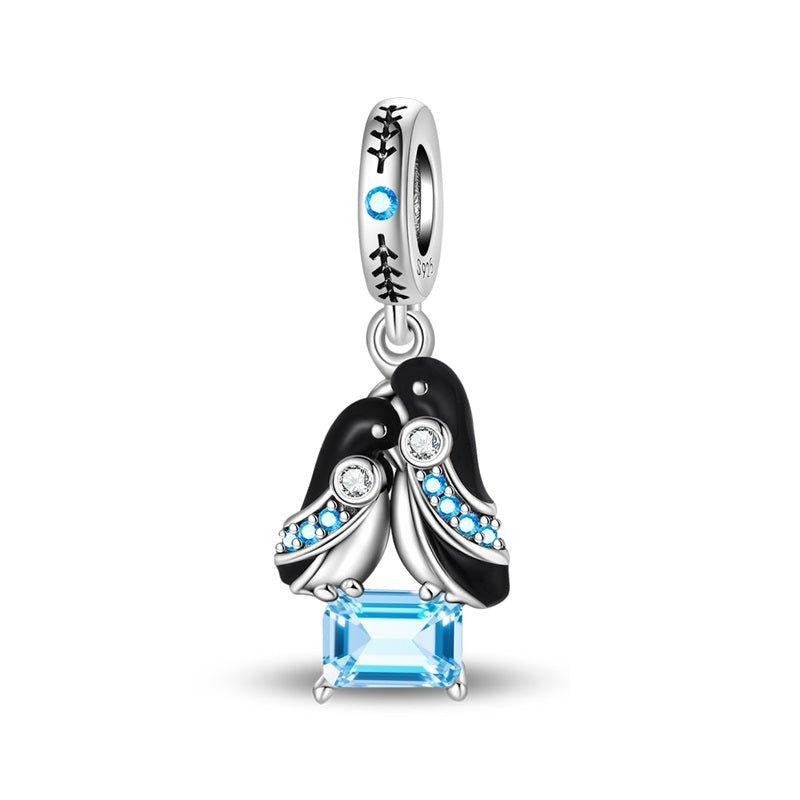 Penguin Couple with Blue Crystal Dangle Charm