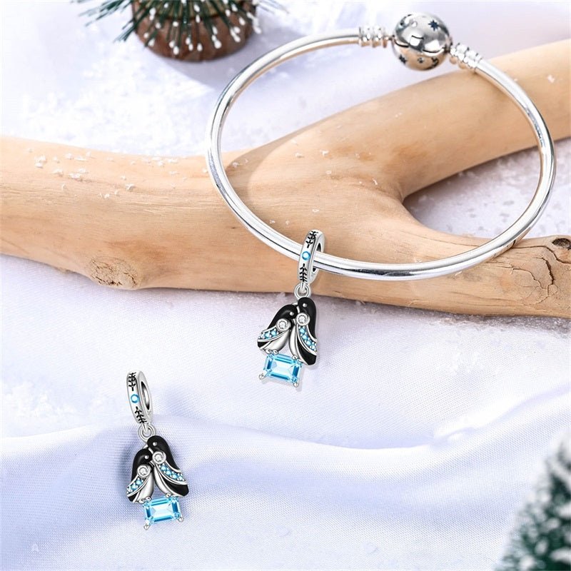 Penguin Couple with Blue Crystal Dangle Charm