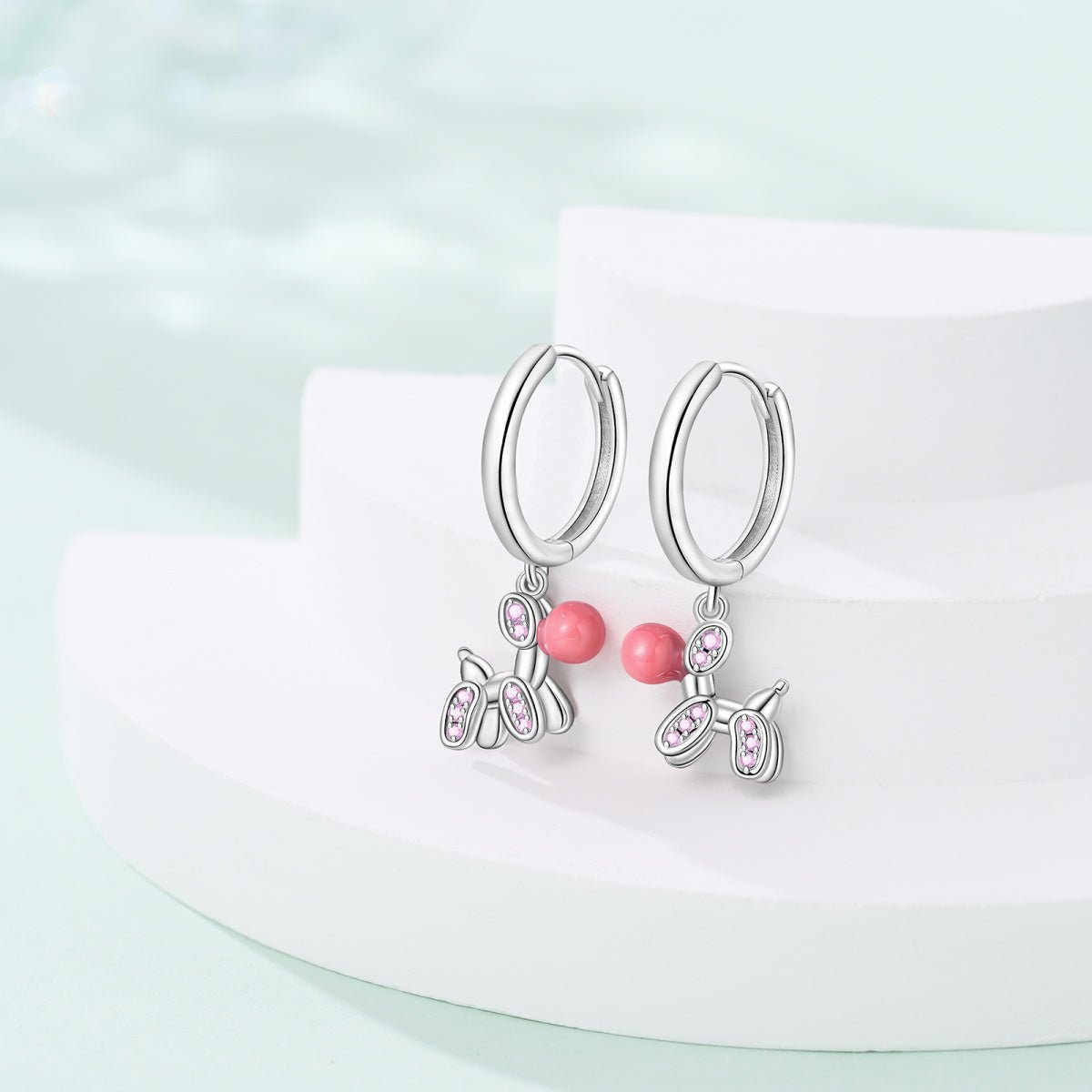Pink Balloon Dog with Crystal Accents Hoop Earrings