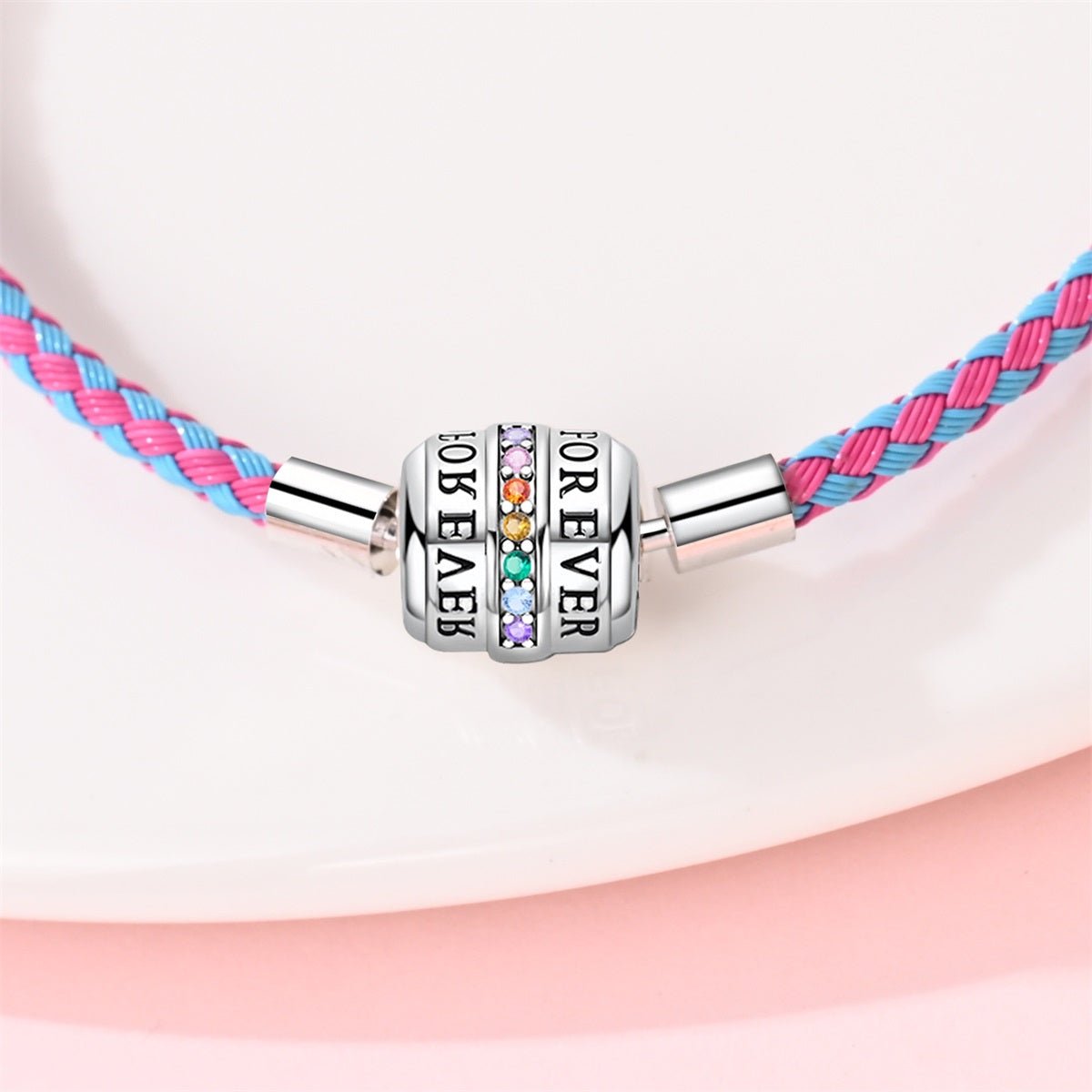 Pink & Blue Braided Leather Bracelet with Forever Clasp