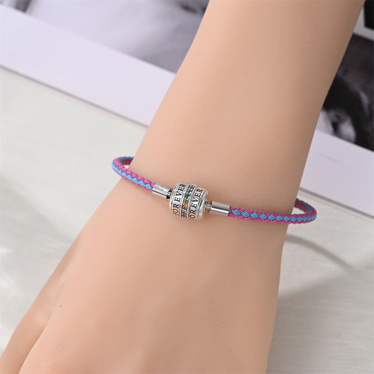 Pink & Blue Braided Leather Bracelet with Forever Clasp