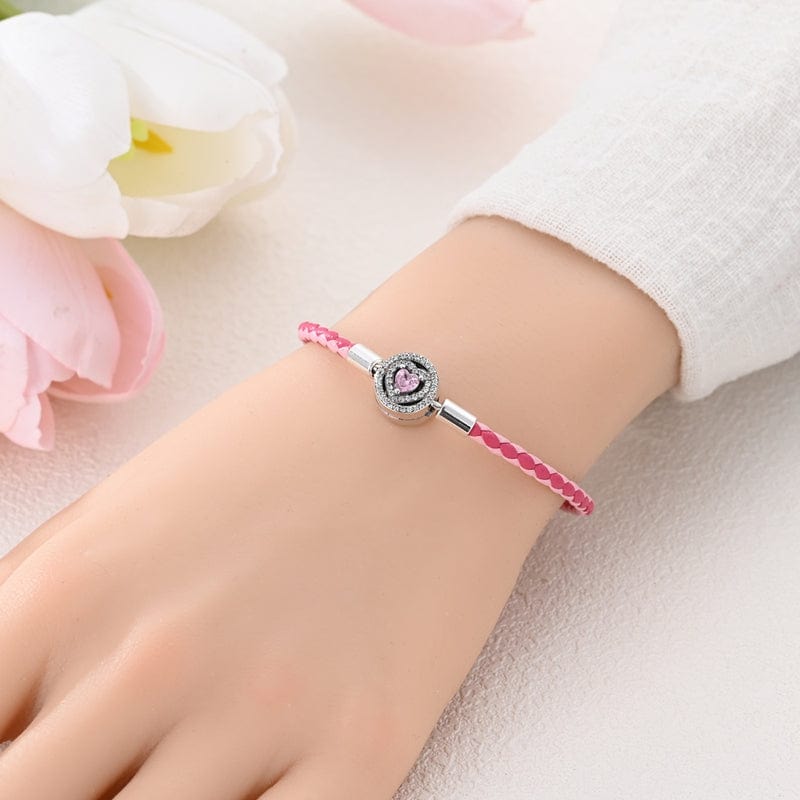 Pink Braided Leather Bracelet with Heart Clasp