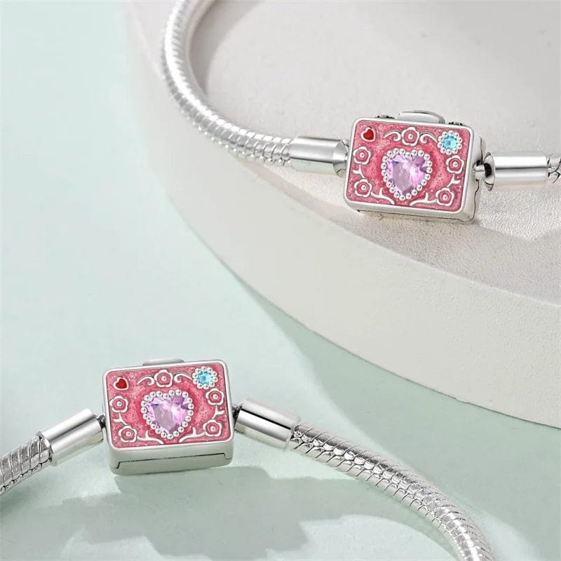Pink Camera Crystal Heart Snake Chain Bracelet