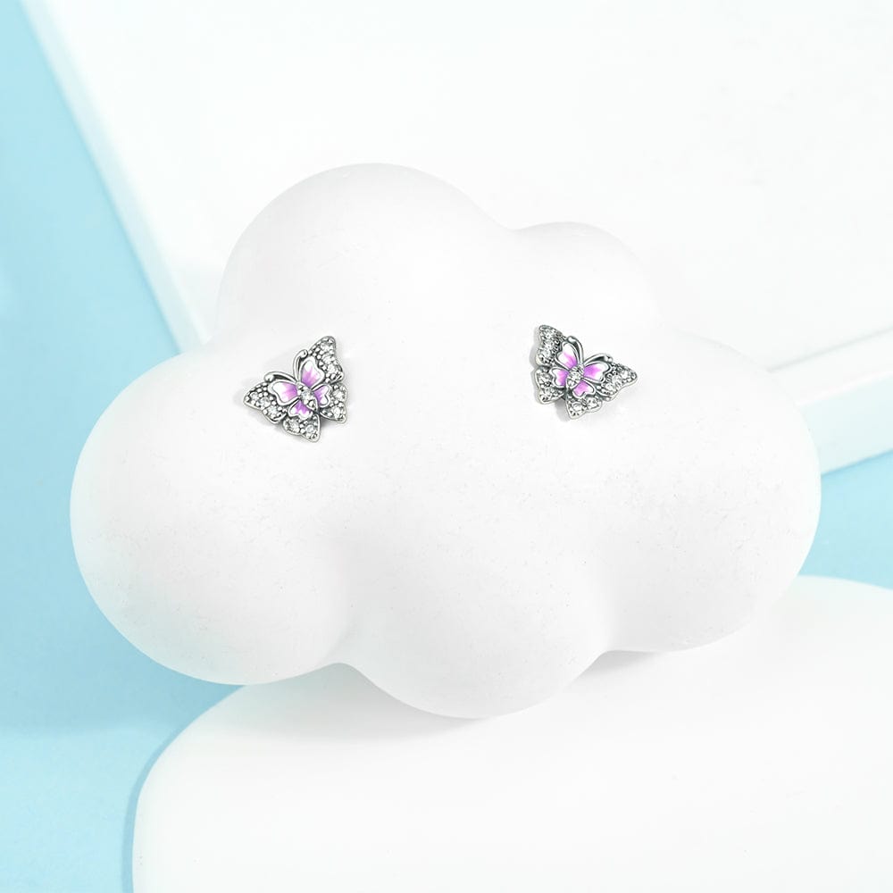 Pink Enamel Butterfly Stud Earrings with Crystal Accents