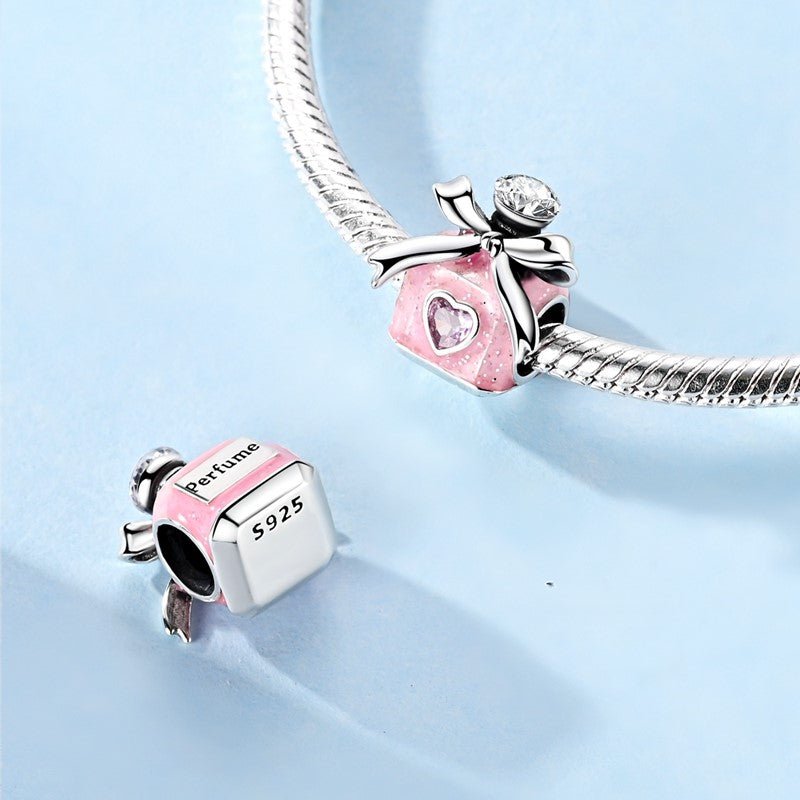 Pink Enamel Perfume Bottle with Bow & Heart Charm