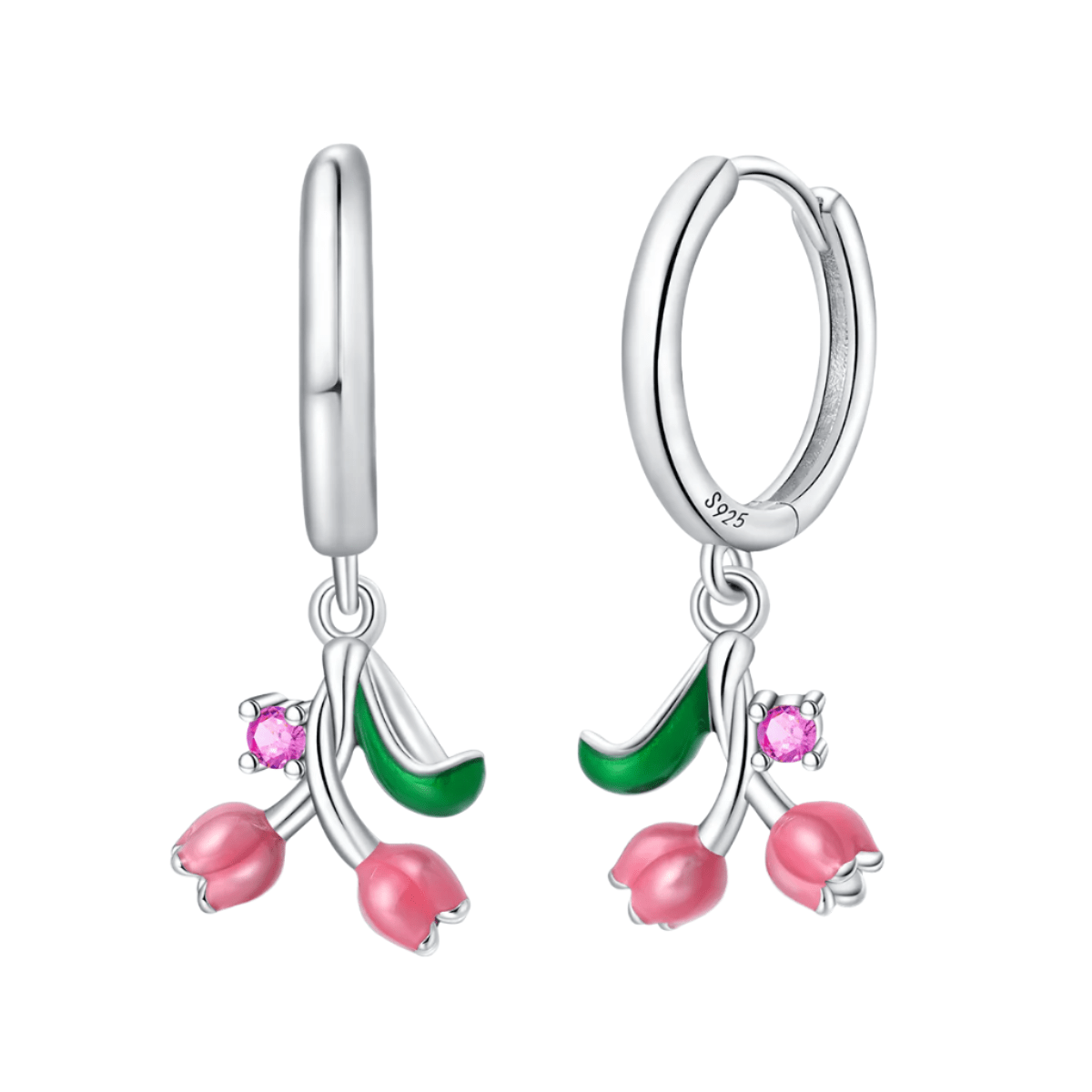 Pink Lily of the Valley Dangle Hoop Earrings