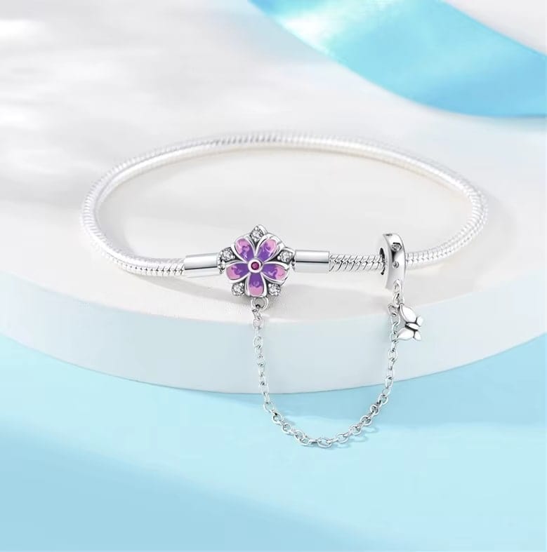 Purple Flower Charm Bracelet with Butterfly Dangle and Safety Chain