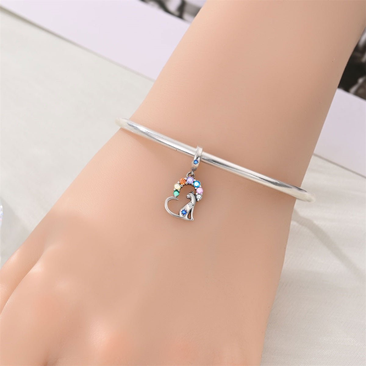 Rainbow Gems & Sitting Cat Dangle Charm