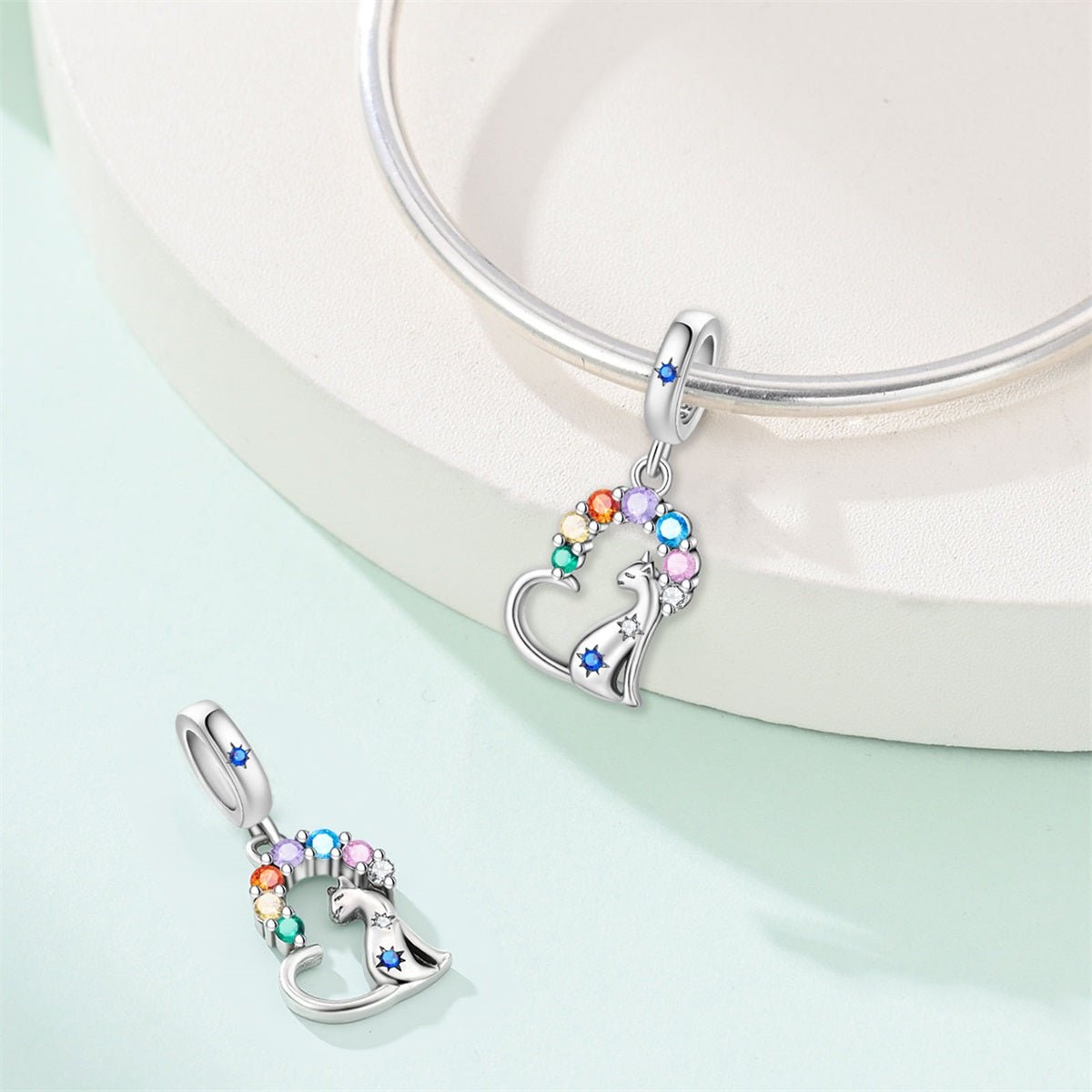 Rainbow Gems & Sitting Cat Dangle Charm