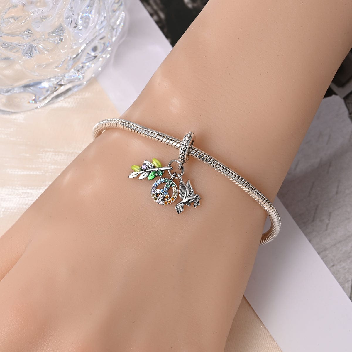 Rainbow Peace Sign with Dove and Olive Branch Charm