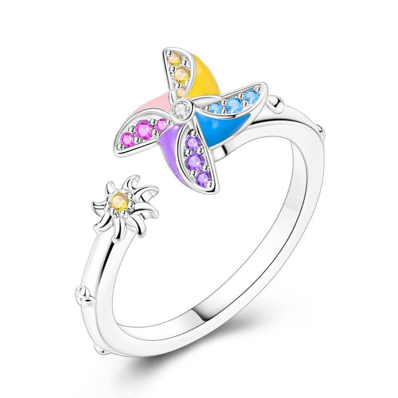 Rainbow Pinwheel Open-Band Adjustable Ring with Sparkling Stones