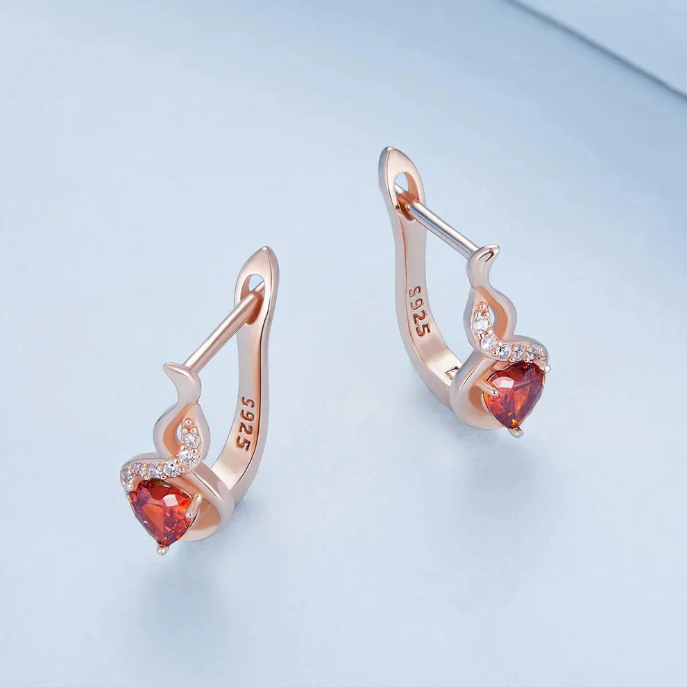 Rose Gold Flame-Heart Crystal Hoop Earrings