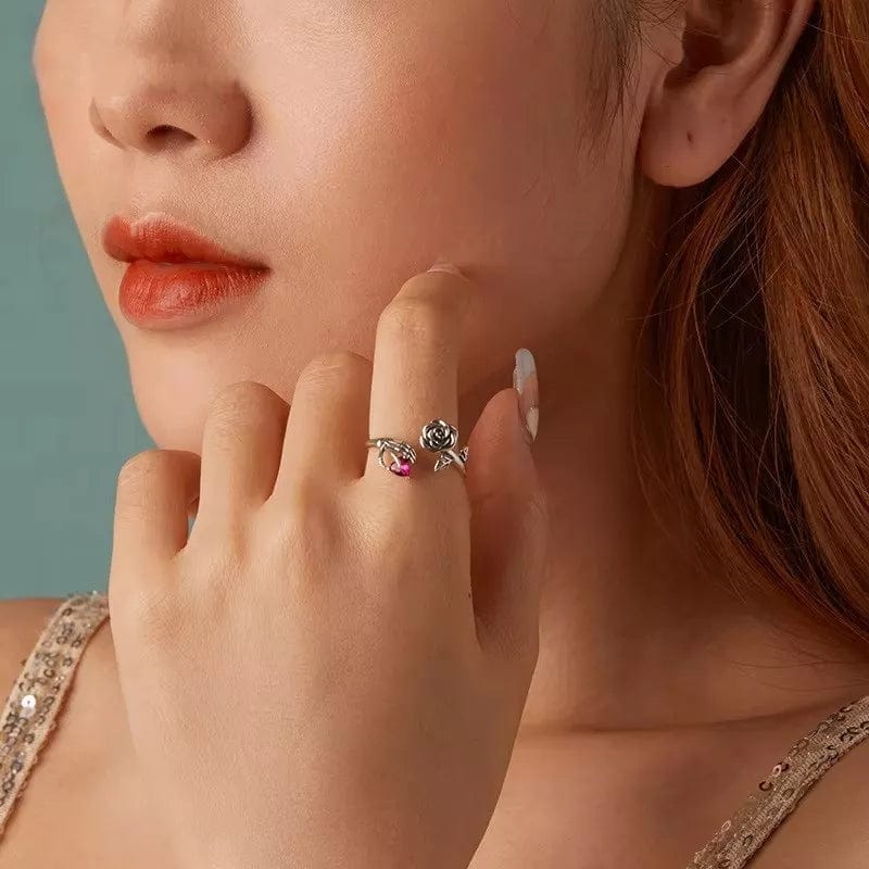 Skeleton Hand & Rose Adjustable Ring
