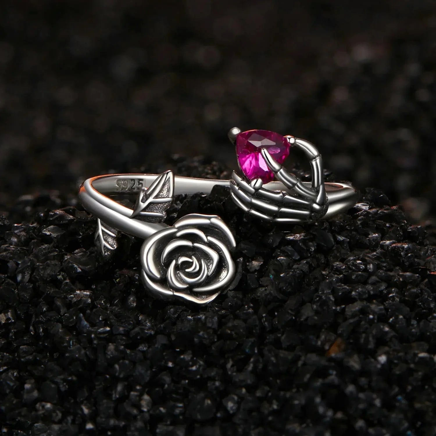 Skeleton Hand & Rose Adjustable Ring