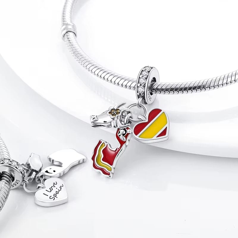 Spain Heart Flag, Flamenco and Bull Dangle Charm