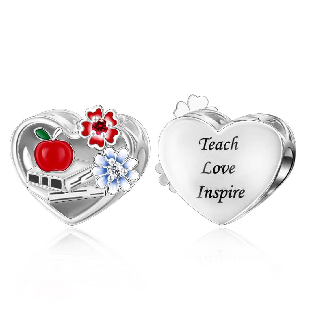 Teacher Appreciation Apple & Books "Teach Love Inspire" Heart Charm