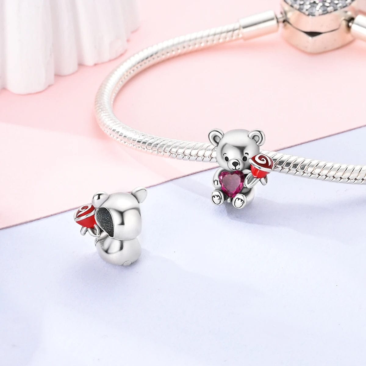 Teddy Bear Holding a Heart & Rose Love Charm