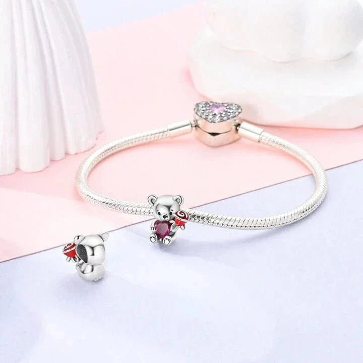 Teddy Bear Holding a Heart & Rose Love Charm