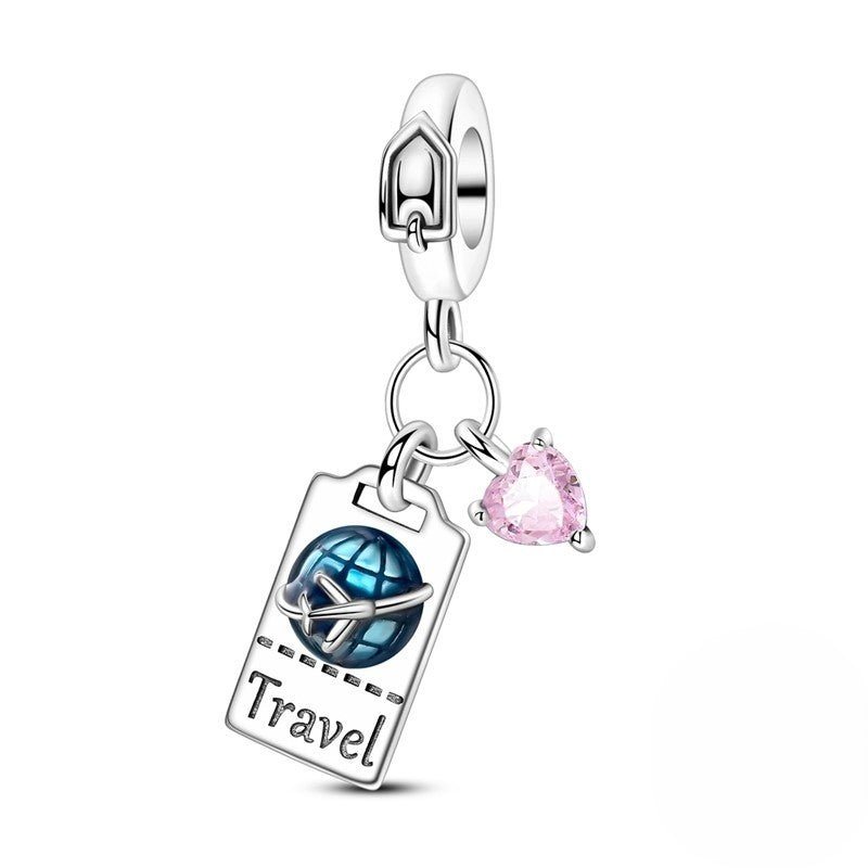 Travel Ticket & Pink Heart Dangle Charm