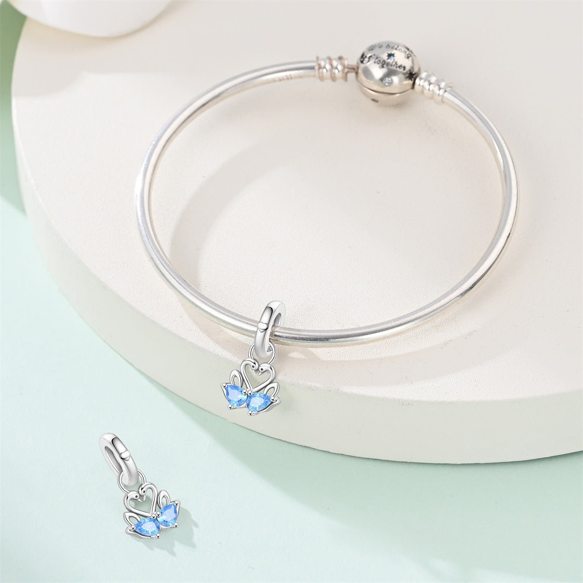 Two Swans with Blue Heart Crystals Dangle Charm