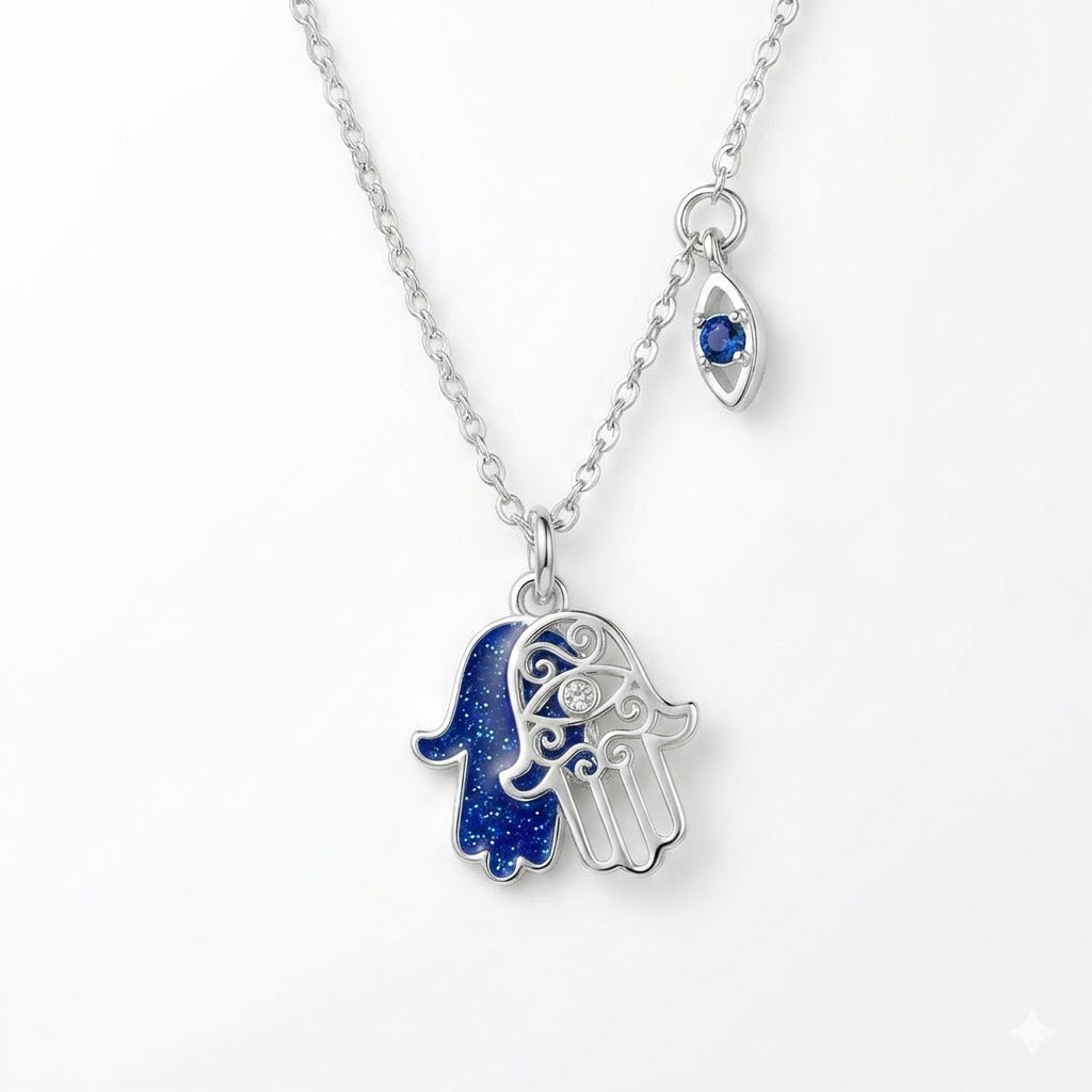 Hamsa Hand Necklace with Blue Galaxy Enamel & Eye